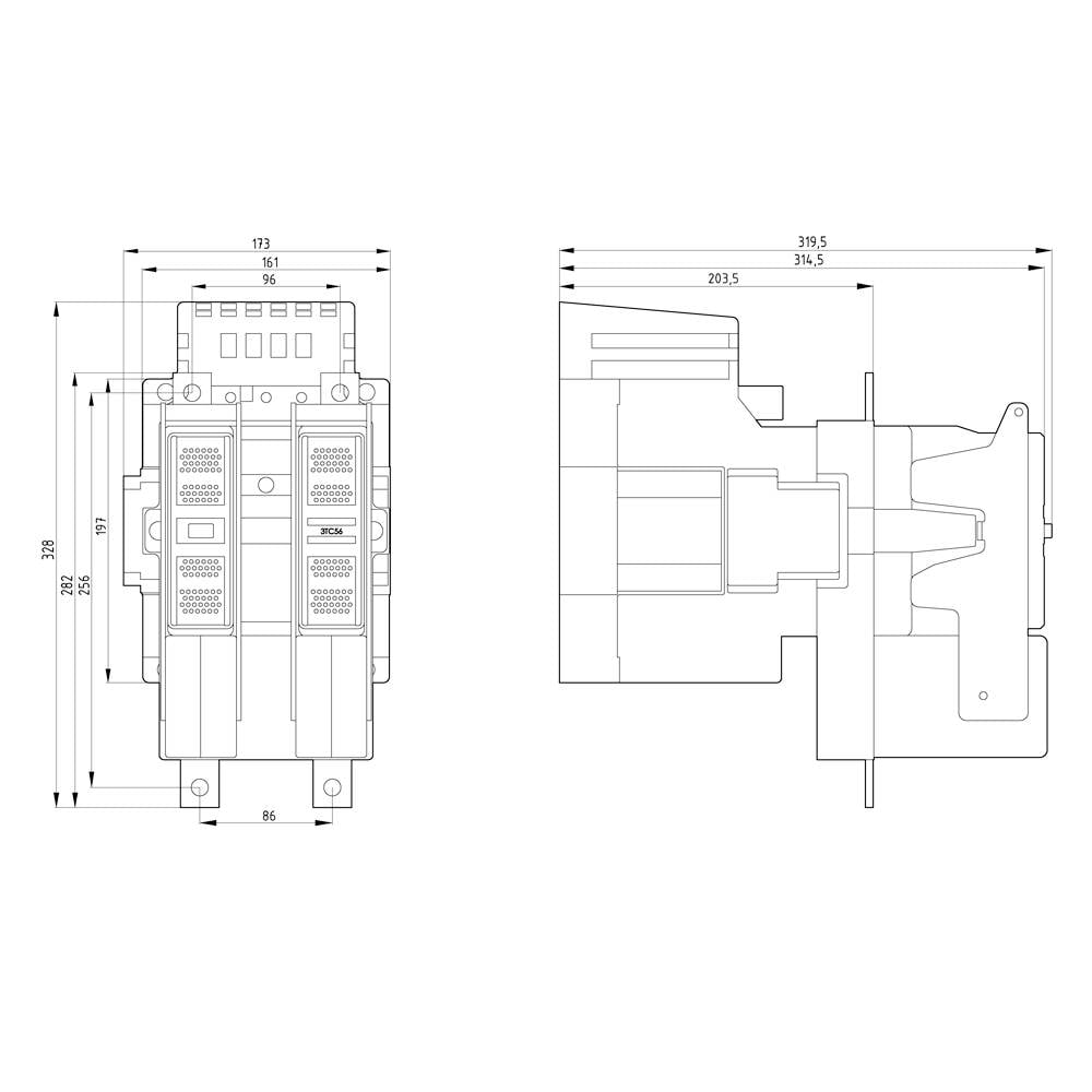 Rysunek techniczny elektrycznego przekaźnika z wymiarami w milimetrach; widok z przodu i z boku przedstawiają szczegółowe pomiary.
