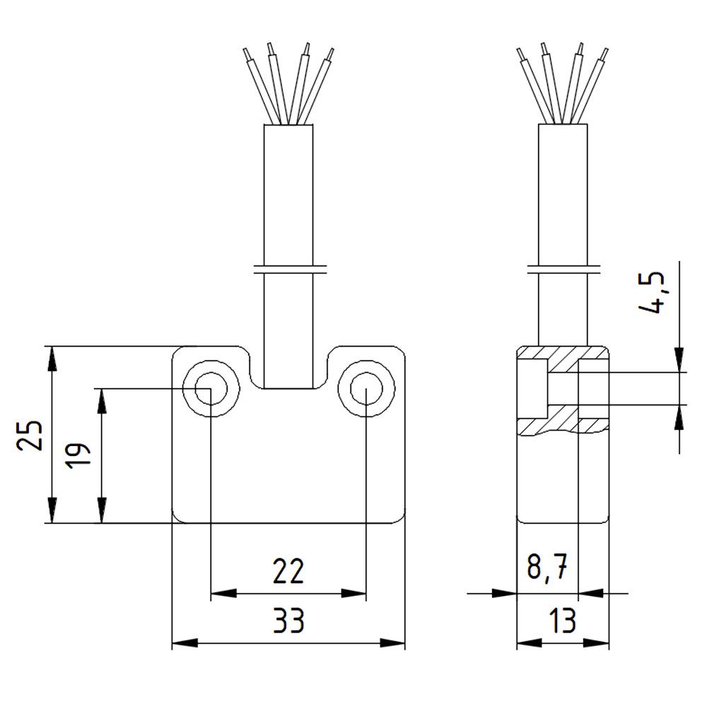Rysunek techniczny wtyczki elektrycznej z wymiarami: wysokość 25 mm, szerokość 33 mm. Szczegółowy widok połączeń przewodów.
