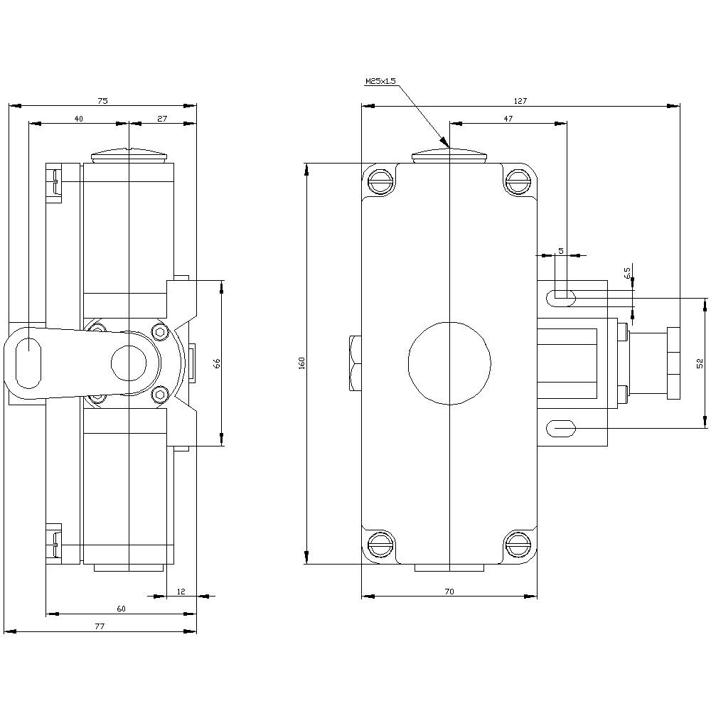 Rysunek techniczny części mechanicznej z widokiem z boku i z góry. Wymiary podane są w milimetrach.