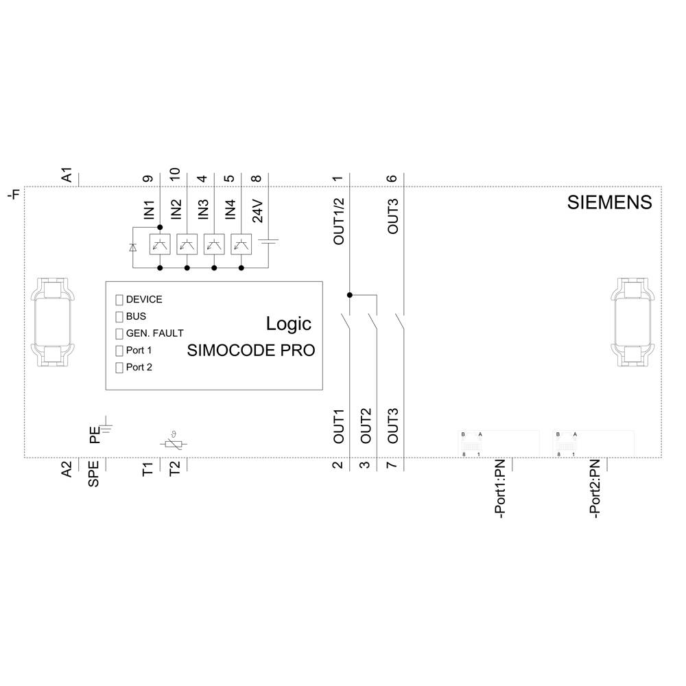 Ilustracja urządzenia Siemens SIMOCODE PRO z przyłączami i opisami takimi jak 'Logic', IN1-IN6, OUT1-OUT3.