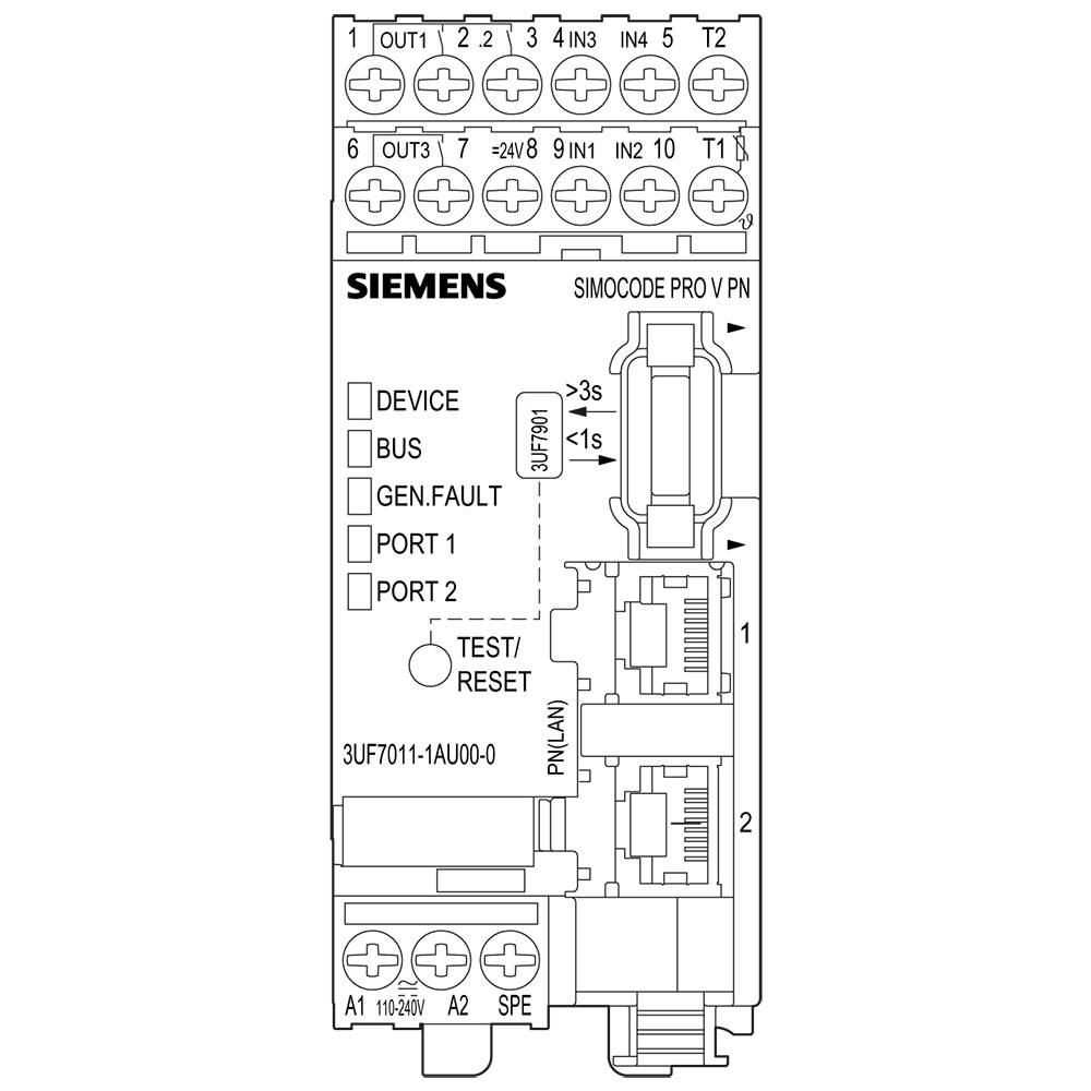Urządzenie sterujące z zaciskami przyłączeniowymi u góry, wskaźnikami LED dla urządzenia, magistrali, błędu, dwoma portami, przyciskiem testowym/resetowym, nazwą marki.