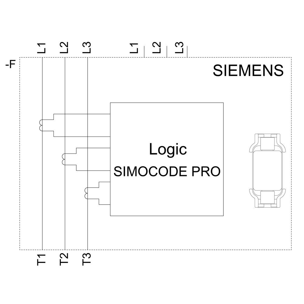 Schemat połączeń z Siemens SIMOCODE PRO: Przedstawia wejścia i wyjścia, trzy fazy L1, L2, L3 oraz T1, T2, T3. Kluczowy dla logiki systemu.