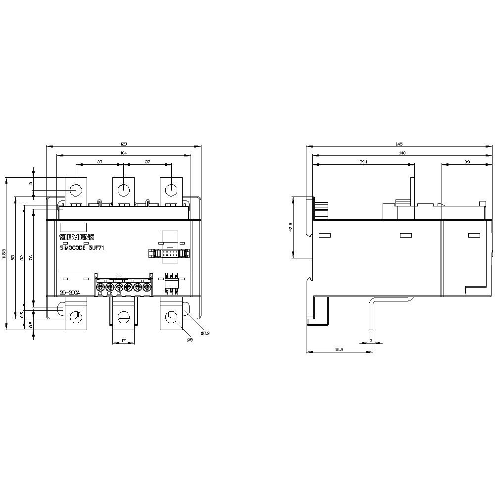2-przewodowy transceiver magistrali, rysunek techniczny w skali z widokiem z boku i z przodu oraz wymiarami montażowymi i informacjami o podłączeniach.