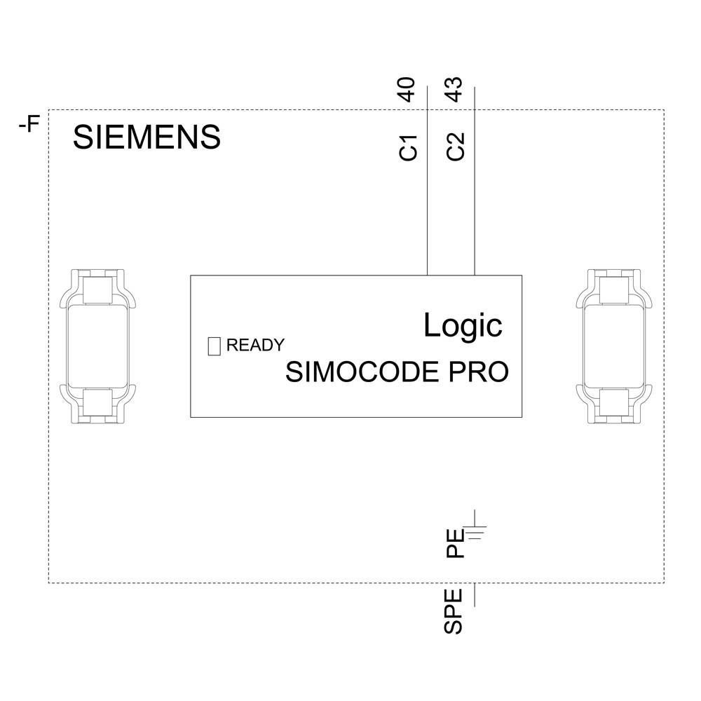Schemat połączeń 'SIEMENS SIMOCODE PRO' przedstawia moduł logiczny, połączenia C1 i C2 oraz wskaźnik statusu 'GOTOWY'.
