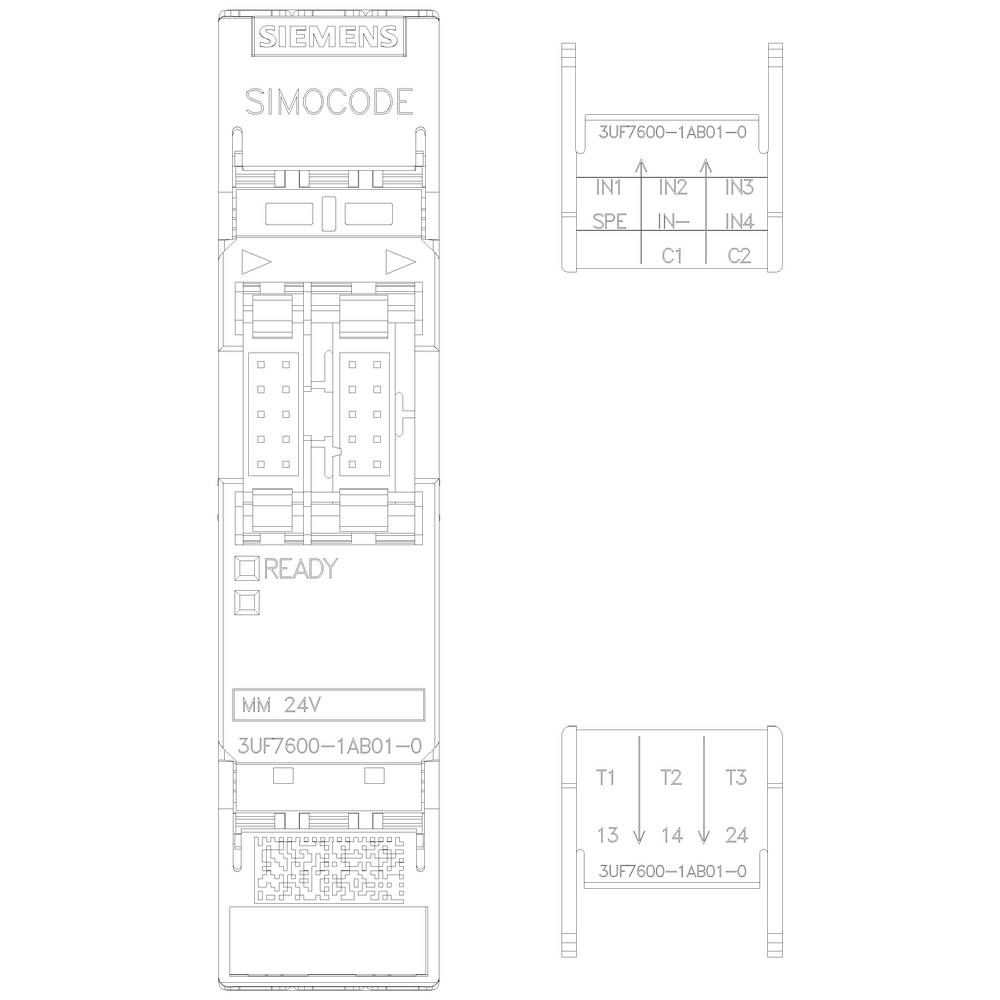 Siemens Simocode, urządzenie do zarządzania i sterowania silnikiem, przedstawia podłączenia, wskaźnik statusu 'Gotowy' oraz szczegóły techniczne do obsługi.