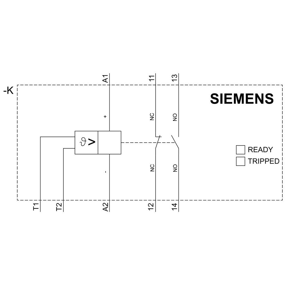 Schemat elektryczny przekaźnika Siemensa: przedstawia połączenia i zaciski (T1, T2, A1, A2). Oznaczone przełączniki 'Gotowy' i 'Wyzwolony'.