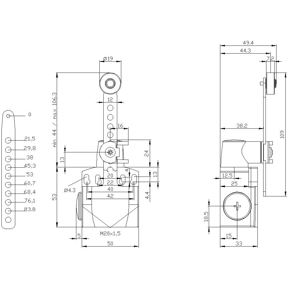 Rysunek techniczny elementu mechanicznego z wymiarami i opisami. Przedstawia widok z przodu i z boku.