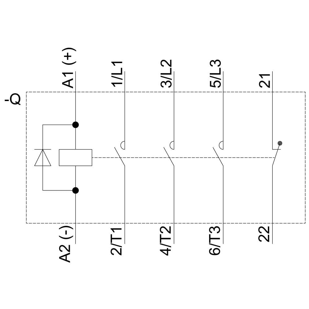 Schemat elektryczny elementu z zaciskami A1, A2, 1/L1, 3/L2, 5/L3, 2/T1, 4/T2, 6/T3, 21 i 22.