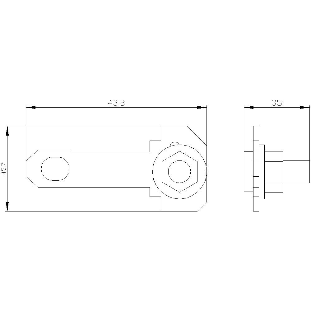 Rysunek techniczny metalowego kotewnika o wymiarach 43,8 mm długości, 35 mm szerokości i 45,7 mm wysokości.