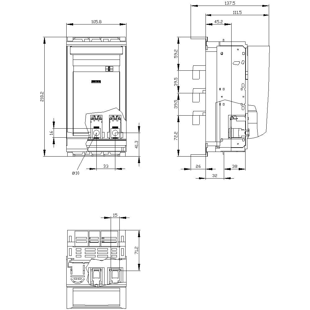 Rysunek techniczny urządzenia elektronicznego z wymiarami w milimetrach. Widok czołowy, boczny i z góry z dokładnymi pomiarami.