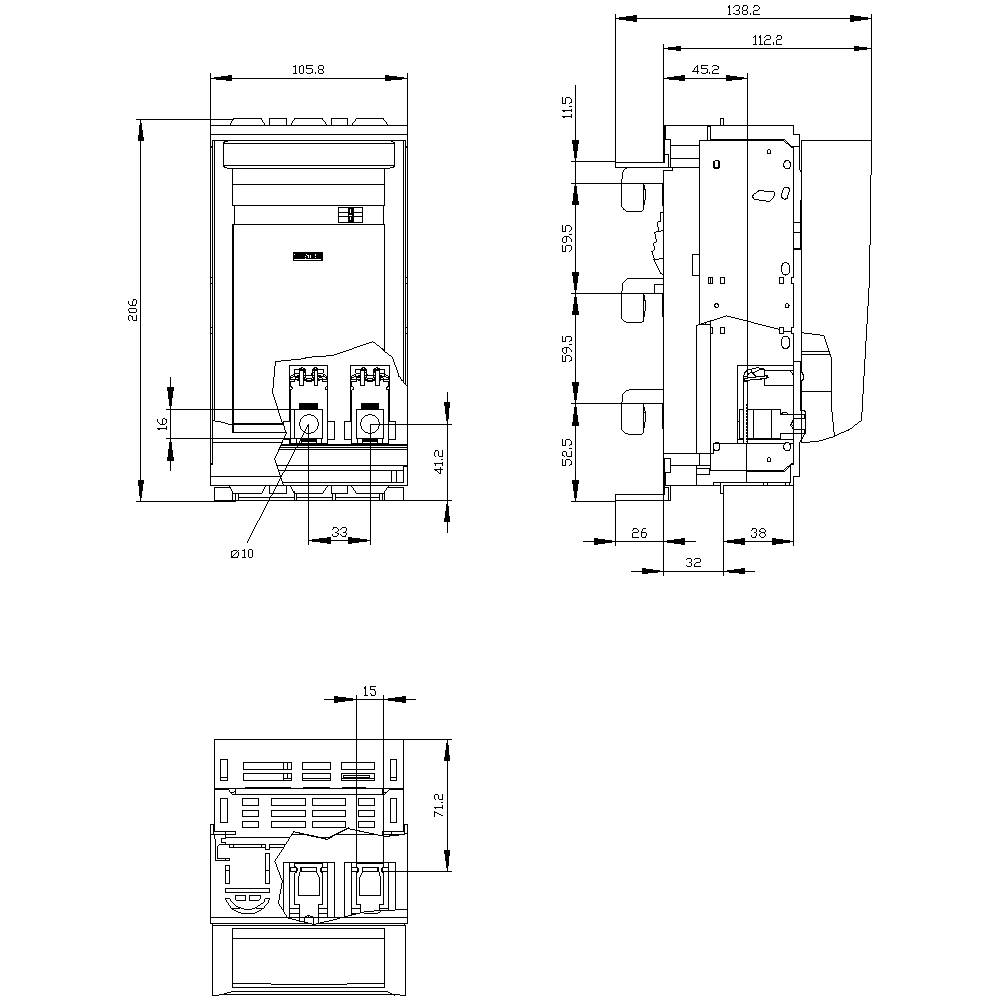 Rysunek techniczny elektrycznego przełącznika z wymiarami w trzech rzutach: widok z przodu, widok z boku i widok z góry.
