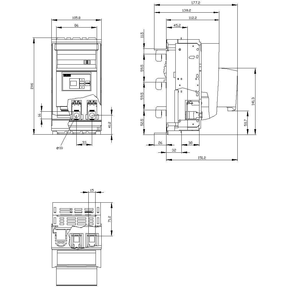 Rysunek techniczny elektrycznej szafy rozdzielczej z szczegółowymi wymiarami w milimetrach, widok z przodu i z boku.