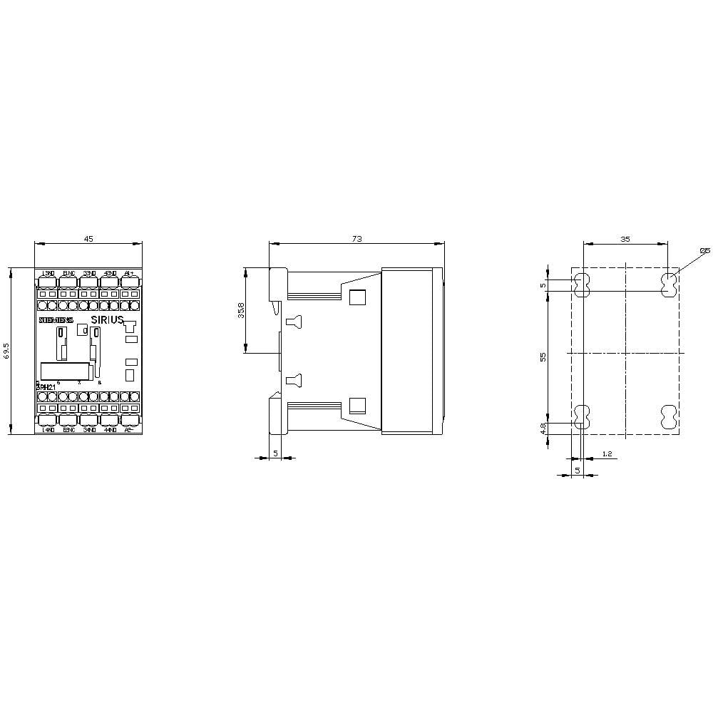Rysunek techniczny elementu elektronicznego z wymiarami i szczegółami mocowania. Po lewej: widok z przodu. W środku: widok z boku. Po prawej: widok z góry z otworami montażowymi.