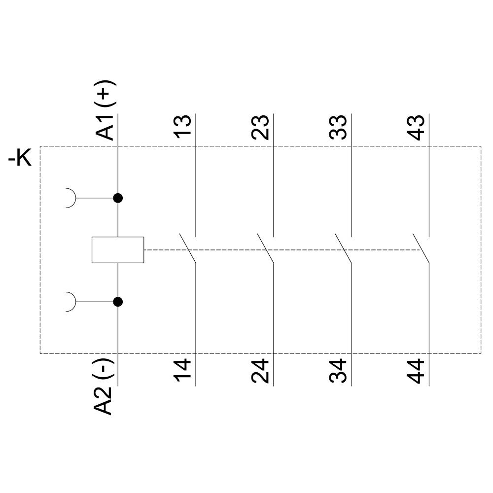 Schemat elektrycznego układu połączeń z zaciskami A1(+), A2(-), 13, 14, 23, 24, 33, 34, 43, 44. Przedstawione punkty połączeń i styki przełączające.