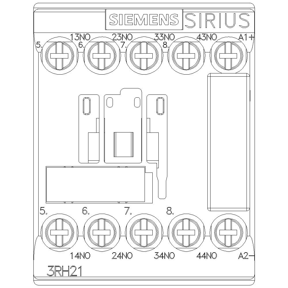 Łącznik Siemens Sirius, model 3RH21, pokazuje zaciski 13NO do A2 do sterowania obwodami elektrycznymi.