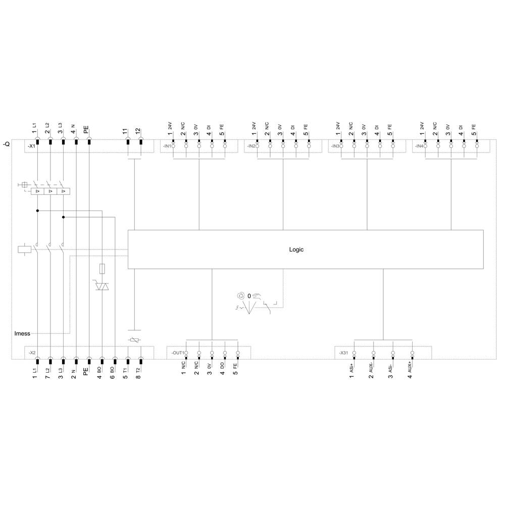 Schematyczny rysunek układu elektronicznego z blokami logicznymi, połączeniami i opisanymi zaciskami.