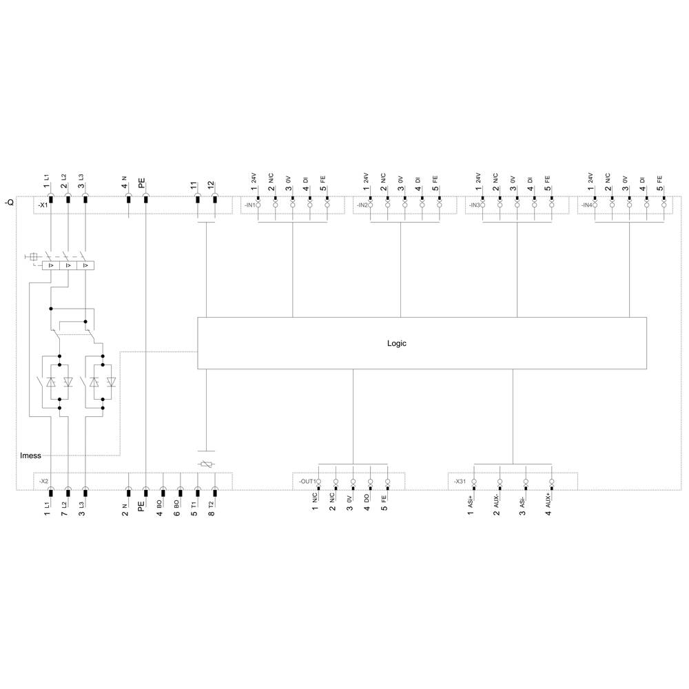 'Schemat połączeń elektronicznego systemu logicznego z zaciskami wejściowymi i wyjściowymi. Przedstawia połączenia i oznaczenia komponentów.'