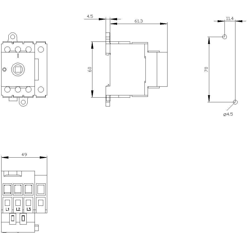 Rysunek techniczny elementu elektrycznego z wymiarami: 61,3 x 49 x 70 mm. Przedstawiono widok z przodu i z boku oraz szczegółowe wymiary.
