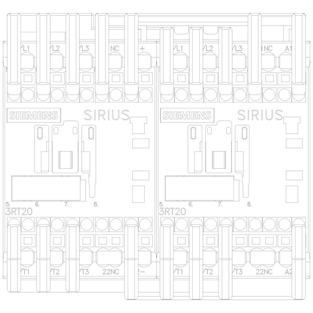 Dwa moduły stykowe Siemens SIRIUS w rysunku technicznym, przedstawiające widok z przodu z podłączeniami i oznaczeniami.