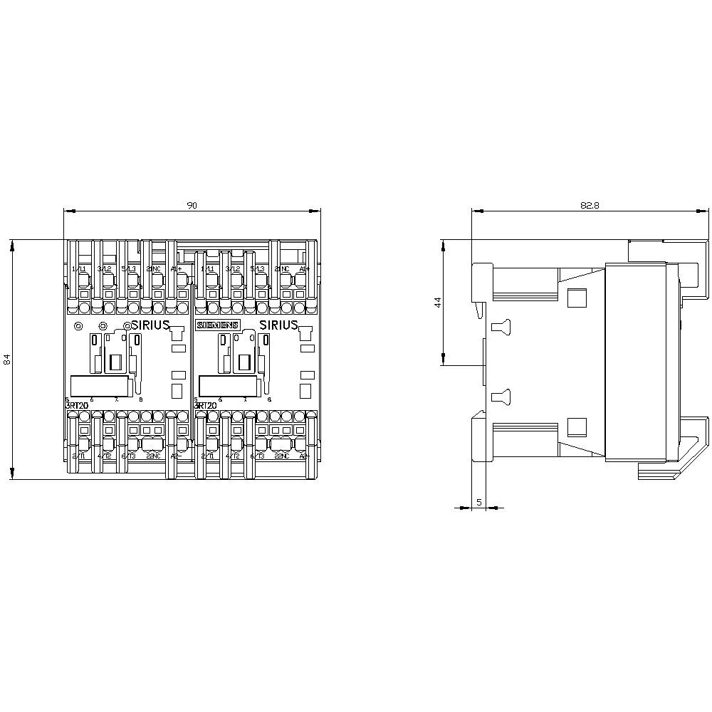Rysunek techniczny elektrycznego urządzenia łączeniowego z oznaczeniami wymiarów. Widok z przodu i z boku, z różnymi elementami składowymi.