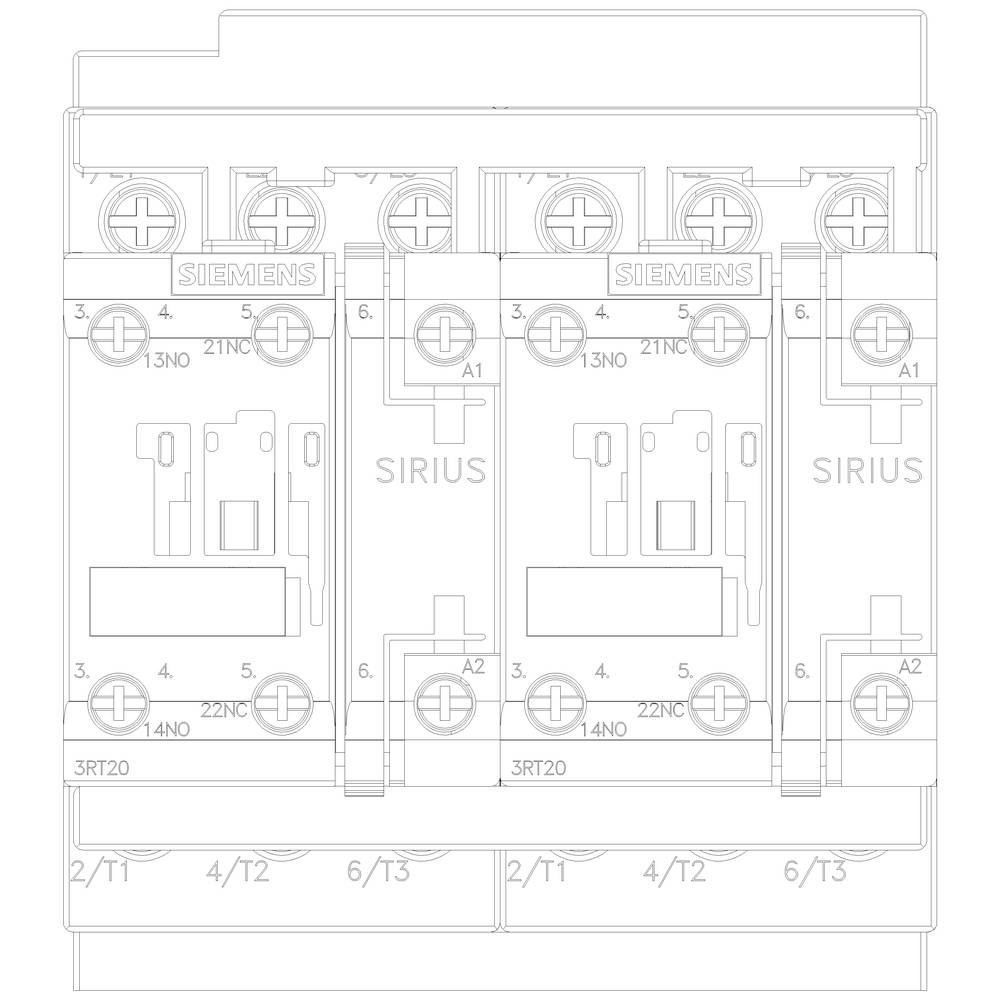 Rysunek techniczny łącznika Siemens Sirius. Przedstawia podłączenia i pozycje przełączników trzech identycznych modułów.