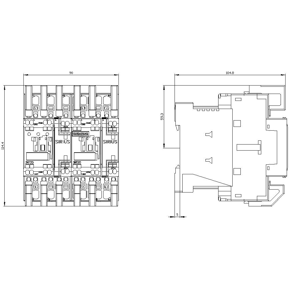 Rysunek techniczny elektrycznego urządzenia łączeniowego z szczegółowymi wymiarami w milimetrach, widok z przodu i z boku.