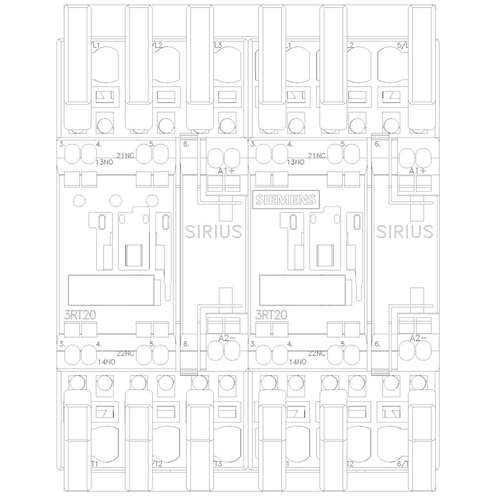 'Schemat elektryczny Siemens SIRIUS z trzema stycznikami. Oznaczone styki: 13NO, 14NO, 21NC, 22NC. Punkty zasilania A1, A2.'