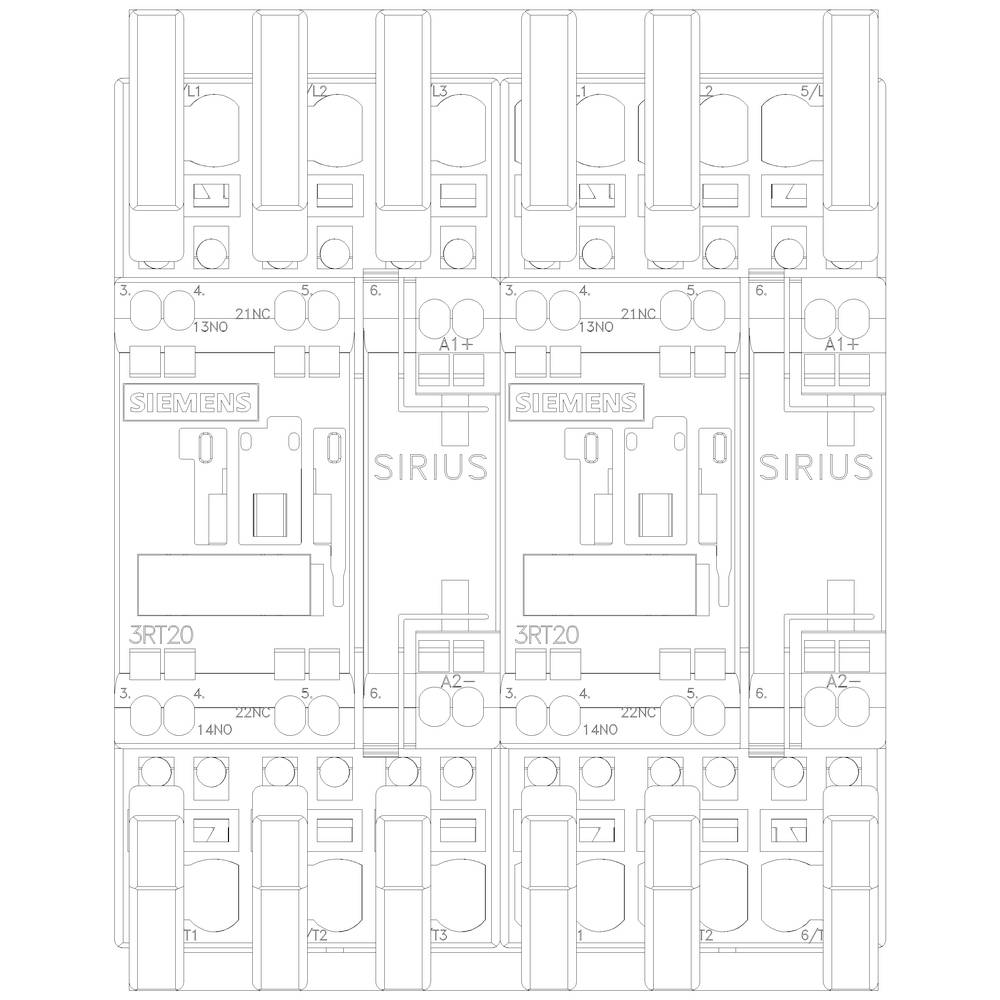 Rysunek techniczny trzech sąsiadujących ze sobą styczników Siemens SIRIUS 3RT20, przedstawiający szczegóły elektryczne i połączenia.