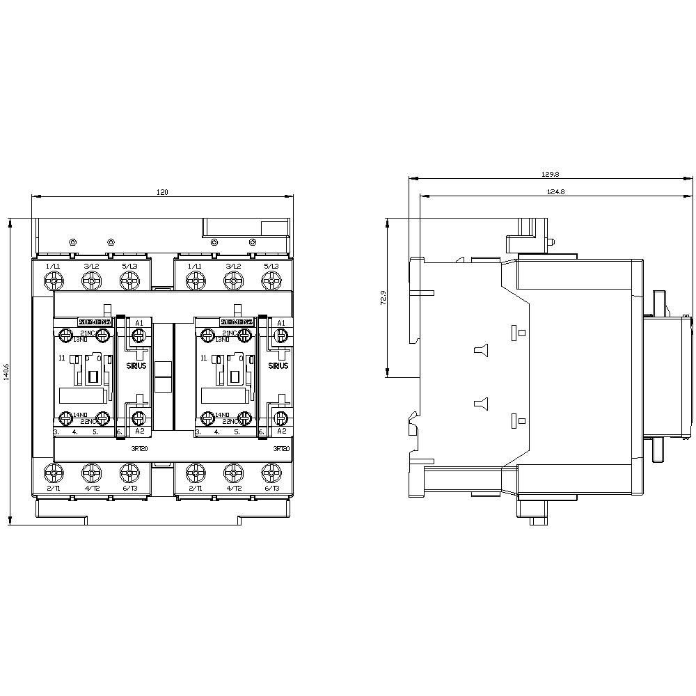 Rysunek techniczny stycznika elektrycznego z wymiarami: 120 x 120 x 124,8 mm, przedstawiający widok z góry i widok z boku urządzenia elektrycznego.