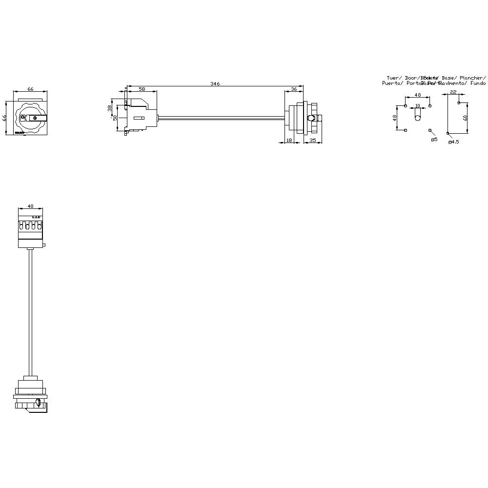 Rysunek techniczny złącza z wymiarami w milimetrach. Przedstawia widok z przodu, z boku oraz widok z góry. Podane wymiary i szczegóły.