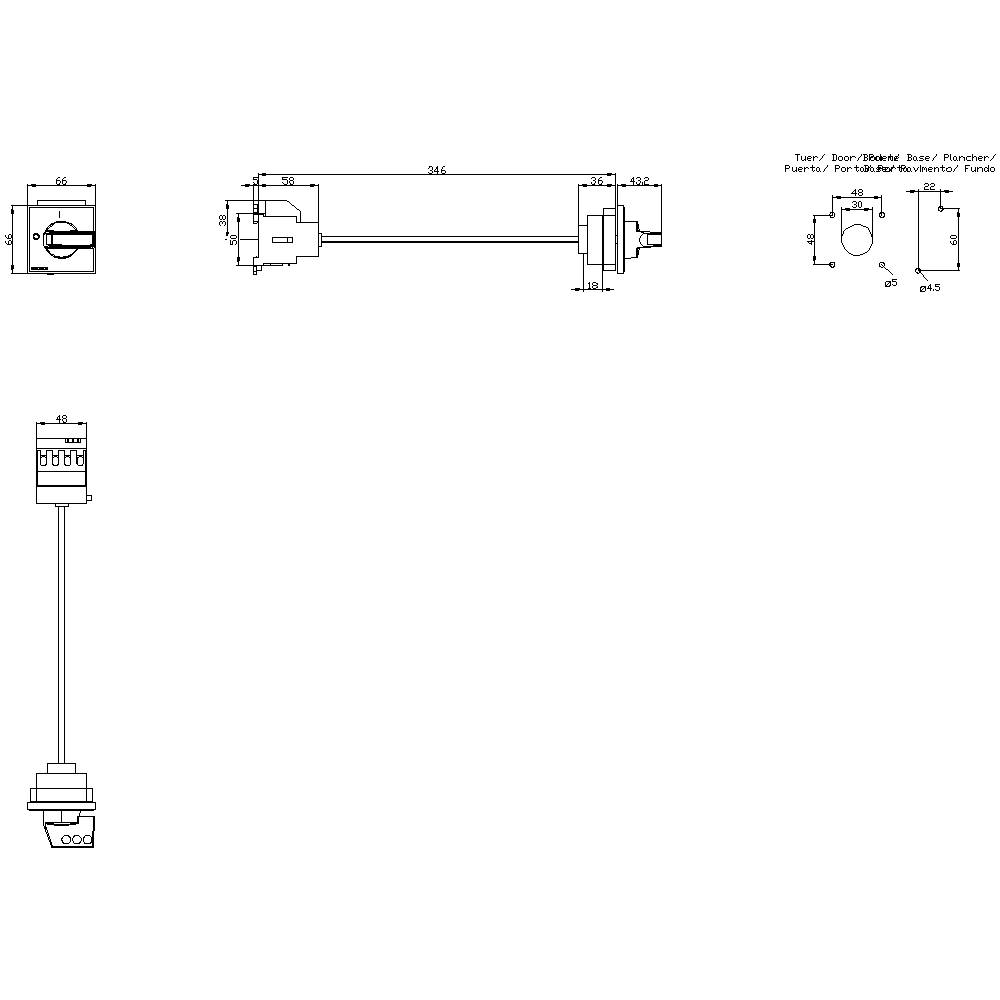 Rysunek techniczny złącza z wymiarami i podłączeniami elektrycznymi, widok z góry i widok z boku.