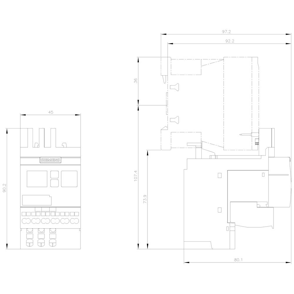 Rysunek techniczny urządzenia elektrycznego z oznaczeniami wymiarów. Po lewej widok z przodu, po prawej widok z boku. Wymiary podane w milimetrach.