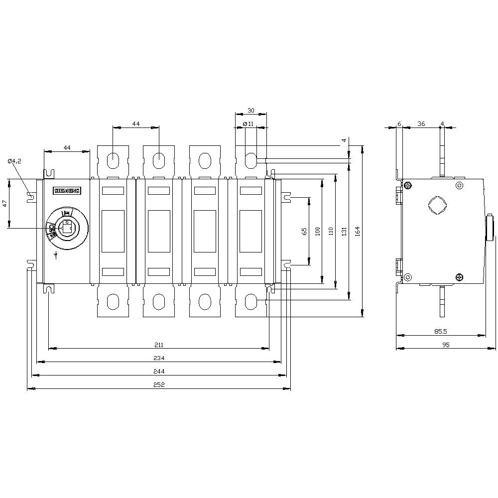 Rysunek techniczny elektrycznego przełącznika ze szczegółowymi wymiarami; długość: 252 mm, szerokość: 85,5 mm, przedstawiający złącza i punkty mocowania.