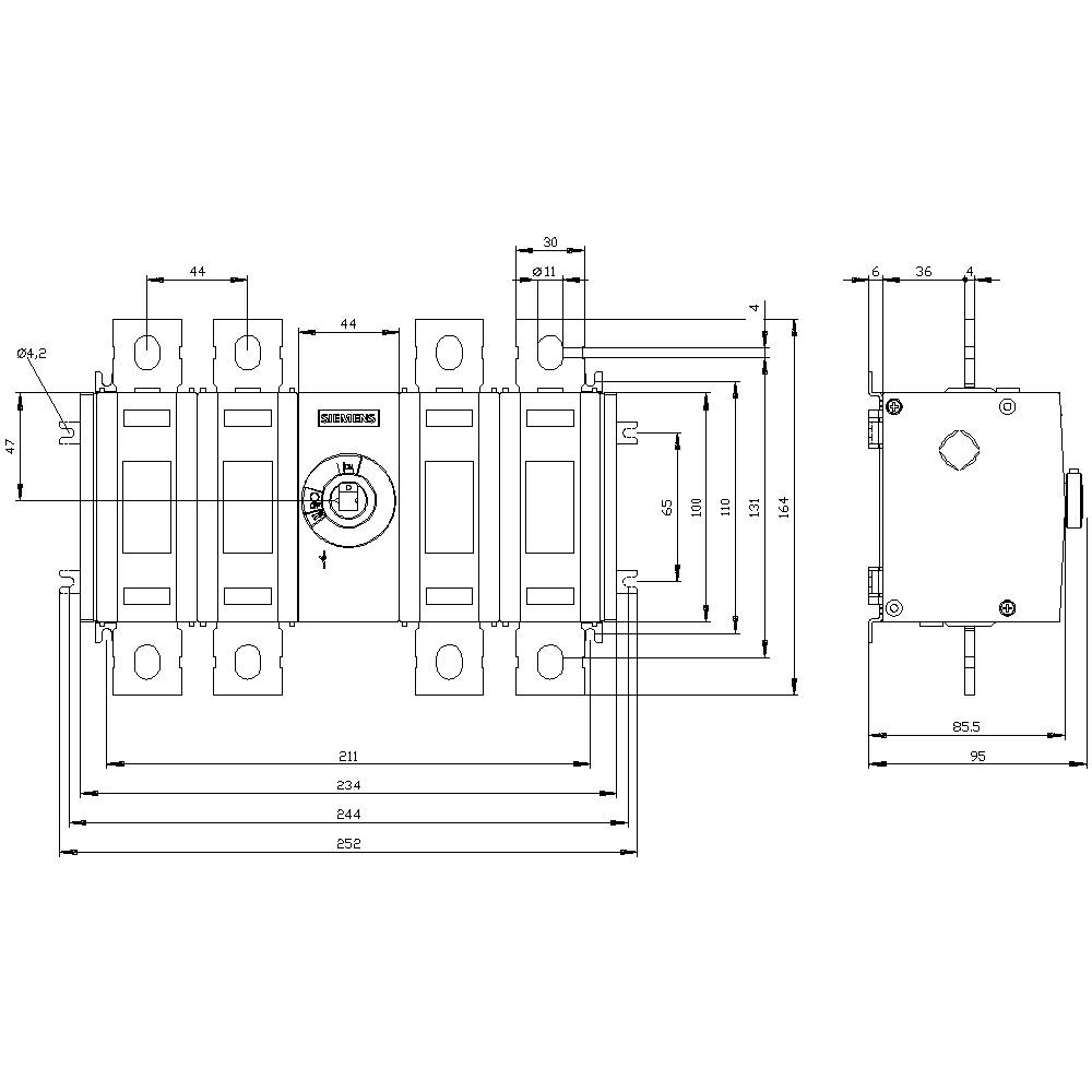 Rysunek techniczny elektrycznego włącznika z dokładnymi wymiarami. Przedstawia widok z przodu i z boku, przydatny przy instalacji.