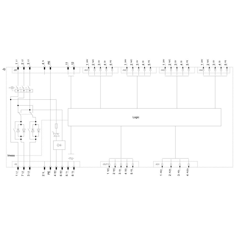 Elektroniczny schemat bloku obwodu z blokiem logicznym pośrodku, otoczonym wejściami, wyjściami, rezystorami, diodami i tranzystorami.