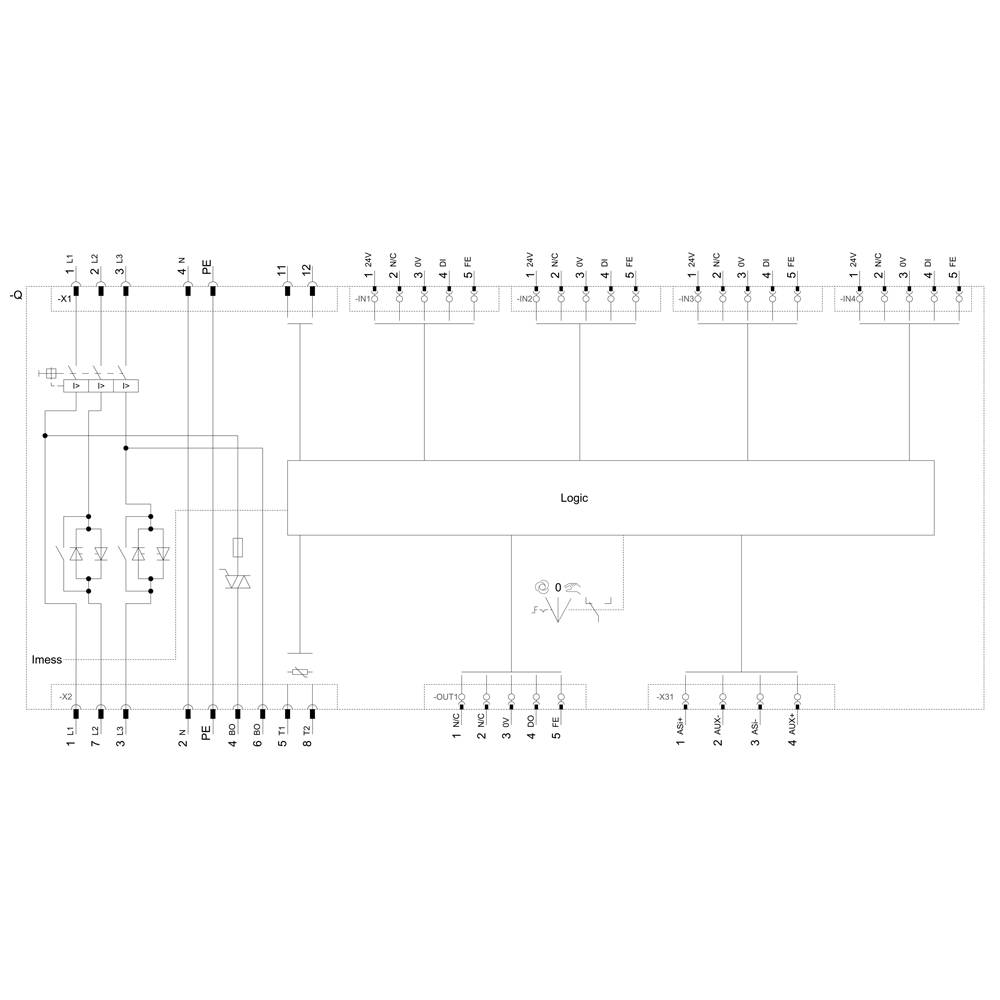 Schemat elektrycznego obwodu logicznego z jednostką logiczną, różnymi punktami przyłączeniowymi i liniami zasilającymi.
