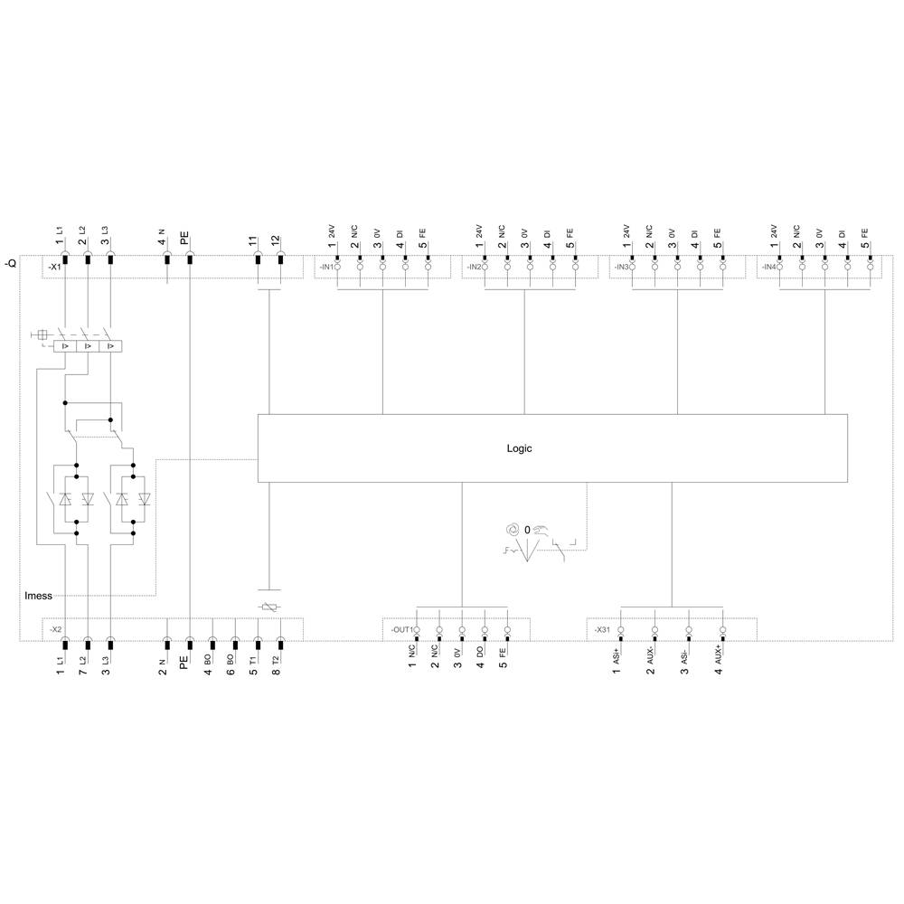 Diagram przepływu sygnału elektronicznego obwodu z modułem logicznym, złączami wejściowymi i wyjściowymi. Podane szczegóły przetwarzania sygnału.