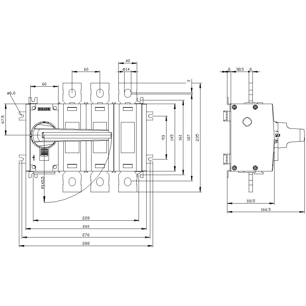 Rysunek techniczny przełącznika z wymiarami w milimetrach. Przedstawia widok z przodu i widok z boku przełącznika.
