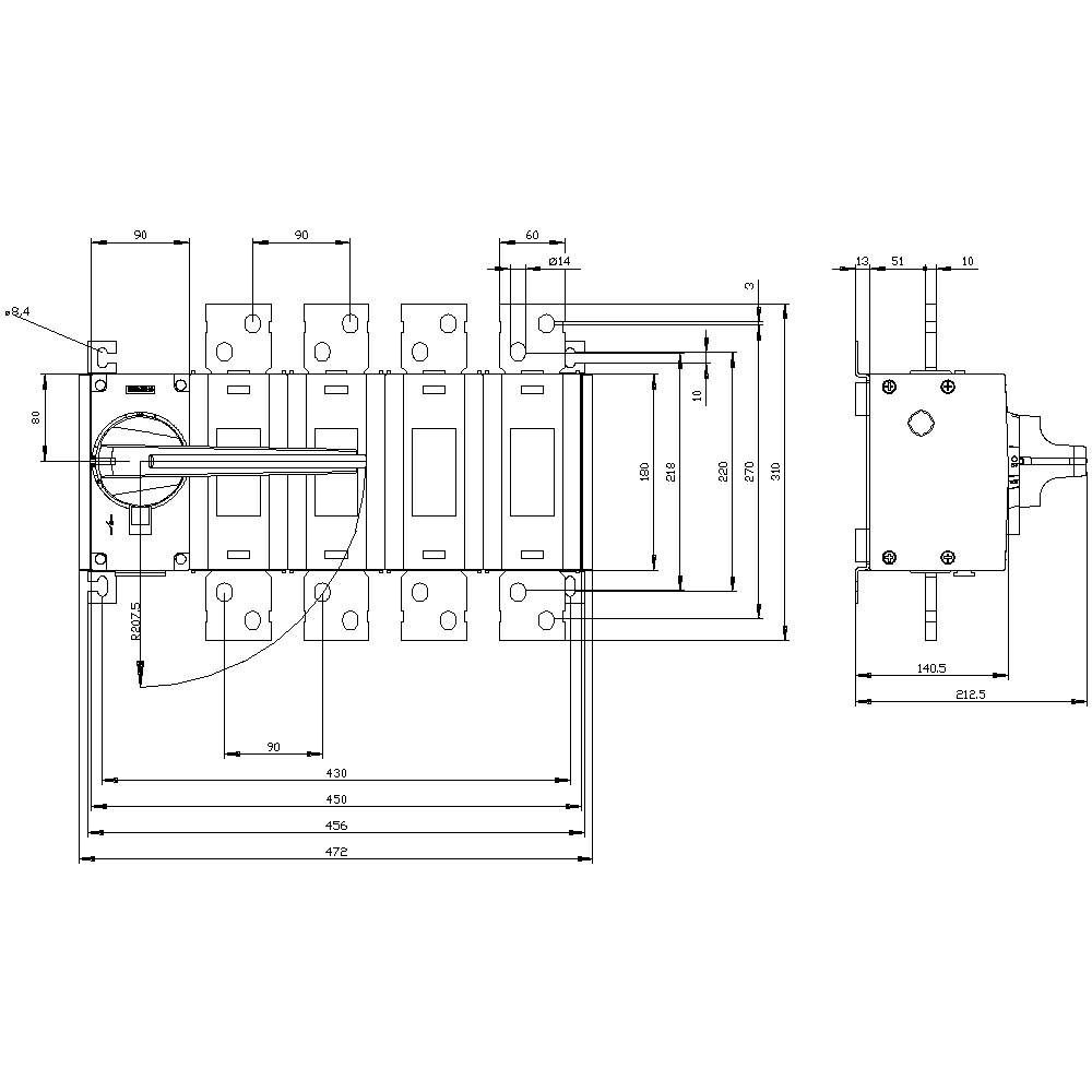 Rysunek techniczny elektrycznego przełącznika ze szczegółowymi wymiarami, widokami z przodu i z boku.