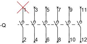 Diagram z 6 liniami pionowymi, ponumerowanymi od 1 do 12; czerwona linia przekątna przecina linię 1. Po lewej stronie widnieje '-Q'. Linie 1, 3, 5, 7, 9, 11.