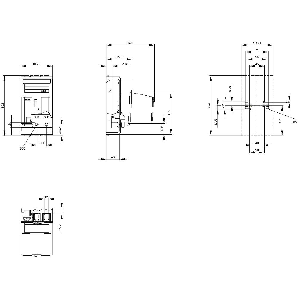 Rysunek techniczny urządzenia z widokiem czołowym, bocznym i górnym; wymiary podane w milimetrach.