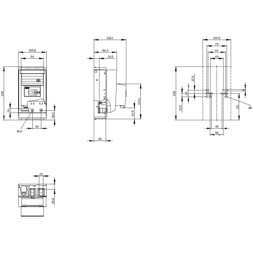 Rysunek techniczny urządzenia z wieloma widokami i wymiarami w milimetrach. Przedstawiono widok z przodu, z boku oraz z góry.