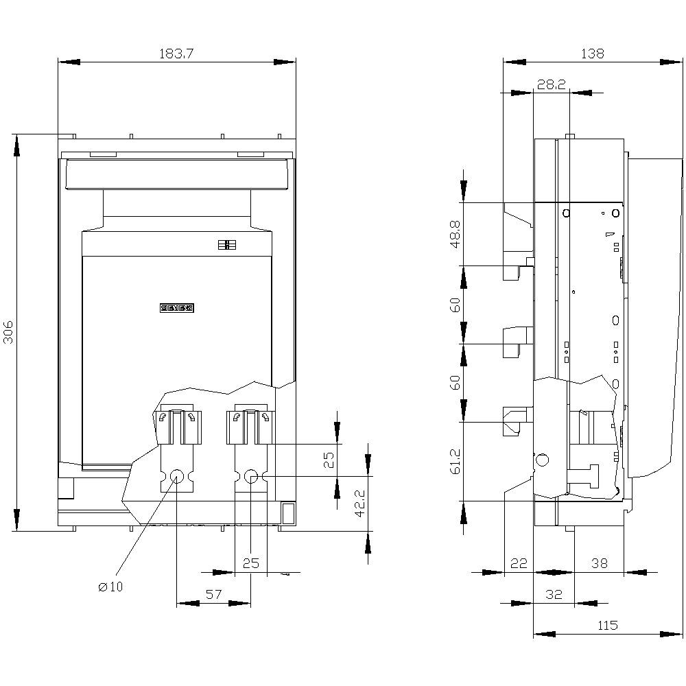 Techniczne diagramy maszyny z wieloma wymiarami w milimetrach, widok z przodu i z boku; szczegóły i wymiary wyeksponowane.