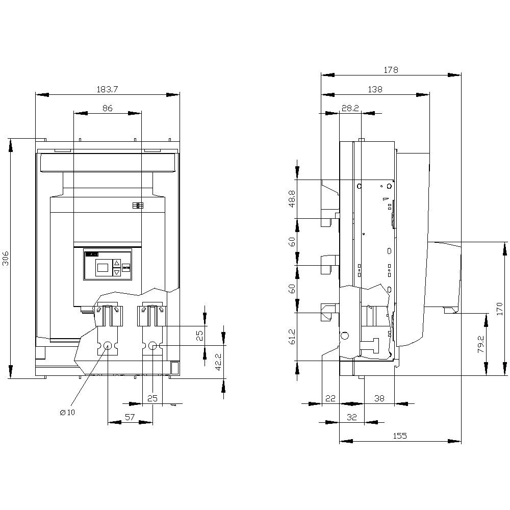 Rysunek techniczny elektrycznego przełącznika z widokiem z przodu i z boku. Wymiary podane są w milimetrach.