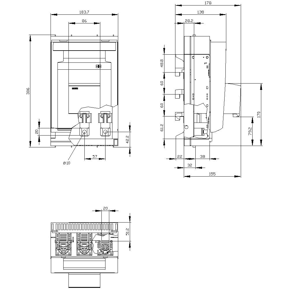 Rysunek techniczny szafy sterowniczej z trzema widokami, zawierający szczegółowe wymiary i oznaczenia złączy.