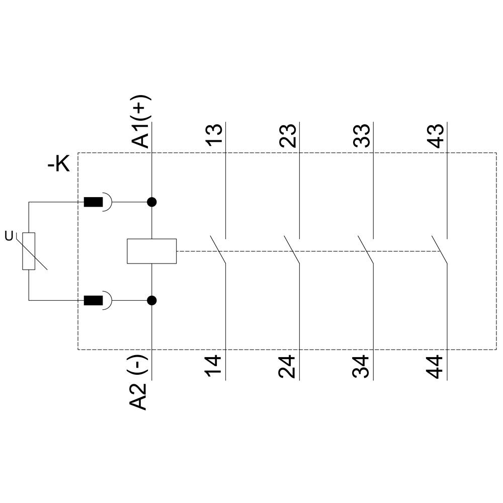 Schemat elektryczny przekaźnika z zaciskami cewki A1 i A2 oraz stykami 13-14, 23-24, 33-34, 43-44. Schemat zawiera symbole przełącznika i cewki.