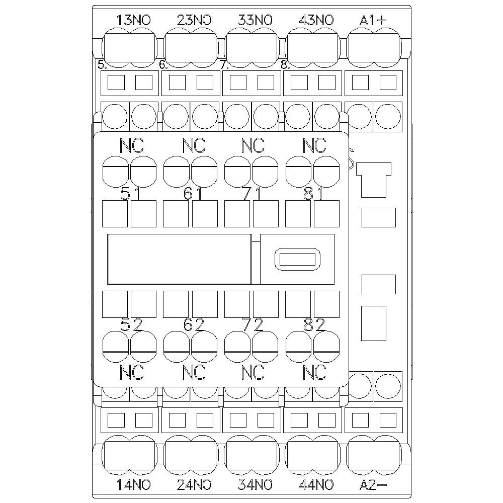 Elektryczne przekaźnika przełączającego z wieloma zaciskami, ponumerowanymi od 13 do 83 i oznaczonymi jako 'NO' i 'NC'.