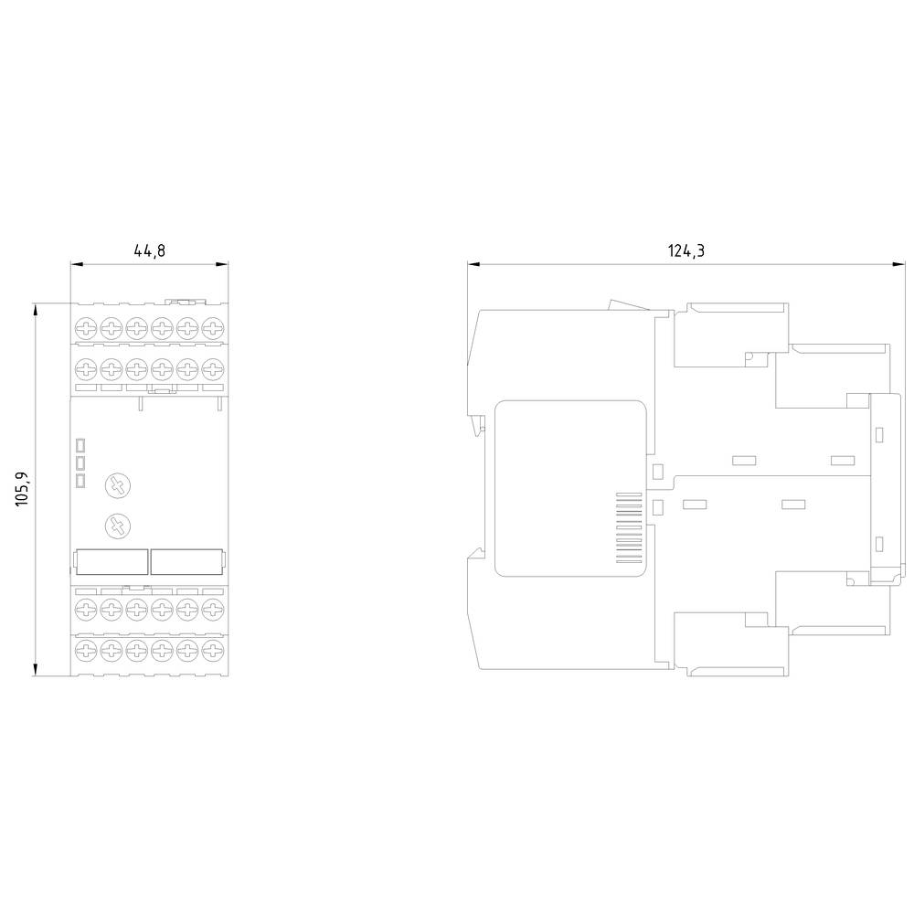 Rysunek techniczny prostokątnego urządzenia o wymiarach: szerokość 44,8 mm, wysokość 115,9 mm, głębokość 124,3 mm. Widoki z przodu i z góry.