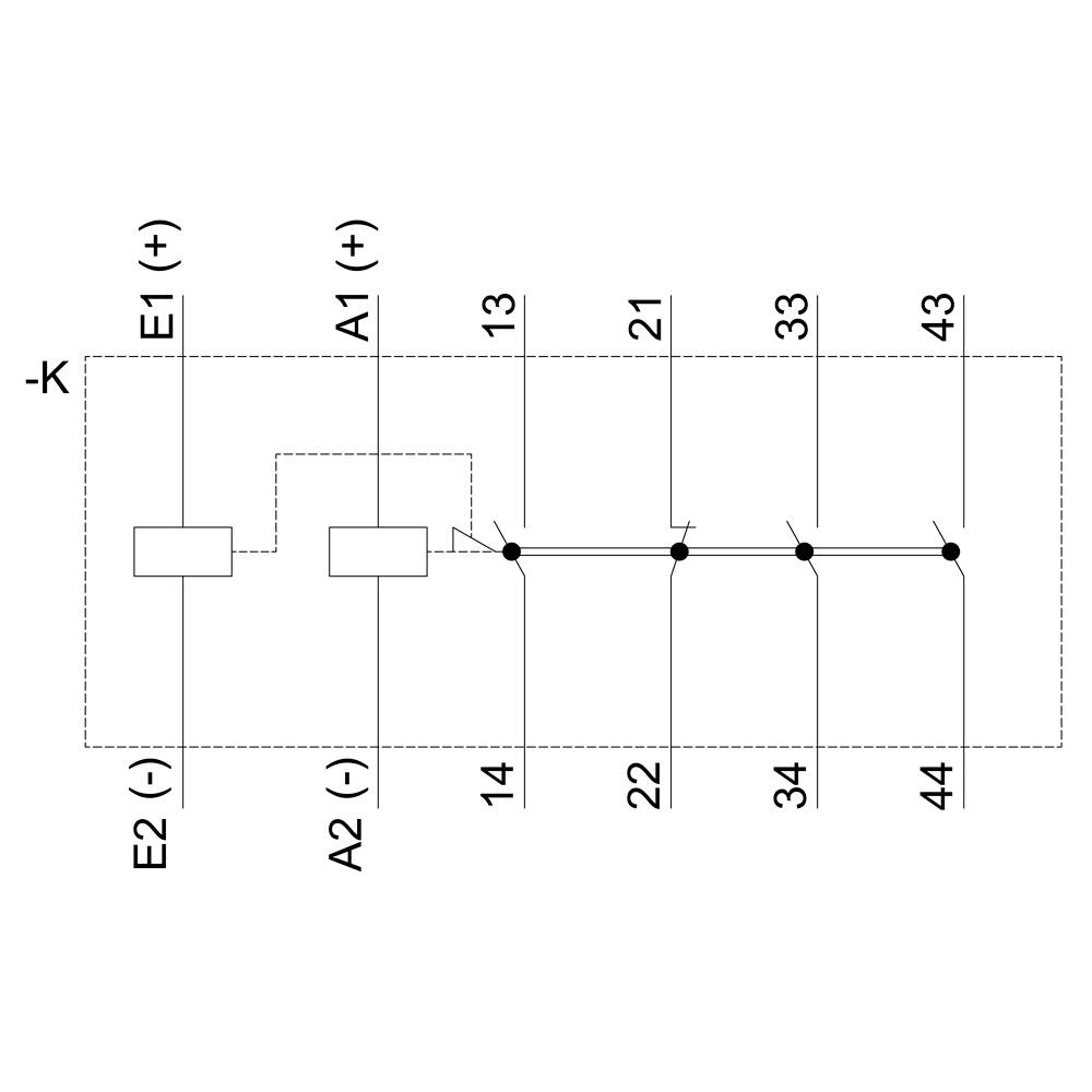Symbol elektryczny schematu: Przedstawia układ z czterema pionowymi liniami, z oznaczeniami E1(+), A1(+), E2(-) oraz A2(-).