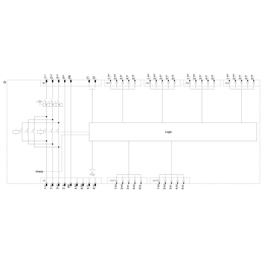 Diagram przepływu danych logicznego układu scalonego z wejściami A, B, C, D oraz wyjściami E, F. Przedstawia połączenia i operacje logiczne.